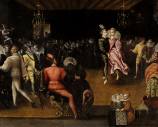 Anonyme, scène de bal, dit Bal à la cour des Valois, fin du XVIe siècle. Huile sur toile. H.94 ; L 155. Blois, Musées du château, inv 873.3.2.