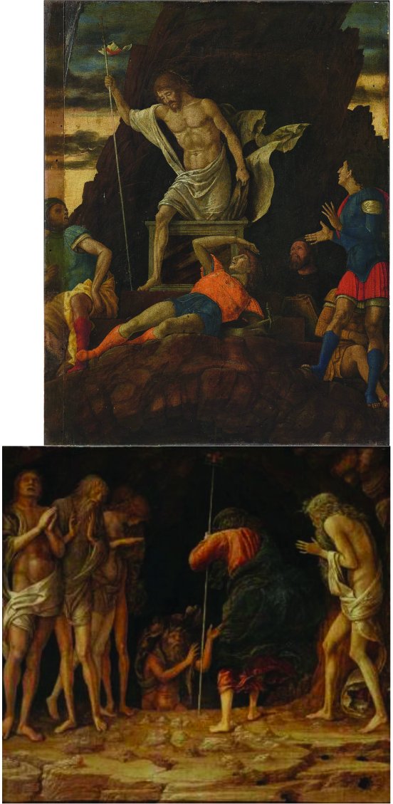 Reconstitution des deux tableaux de Andrea Mantegna. Dans la partie haute : Résurrection du Christ (Accademia Carrara Bergame). Dans la partie basse : La descente dans les Limbes (collection privée)